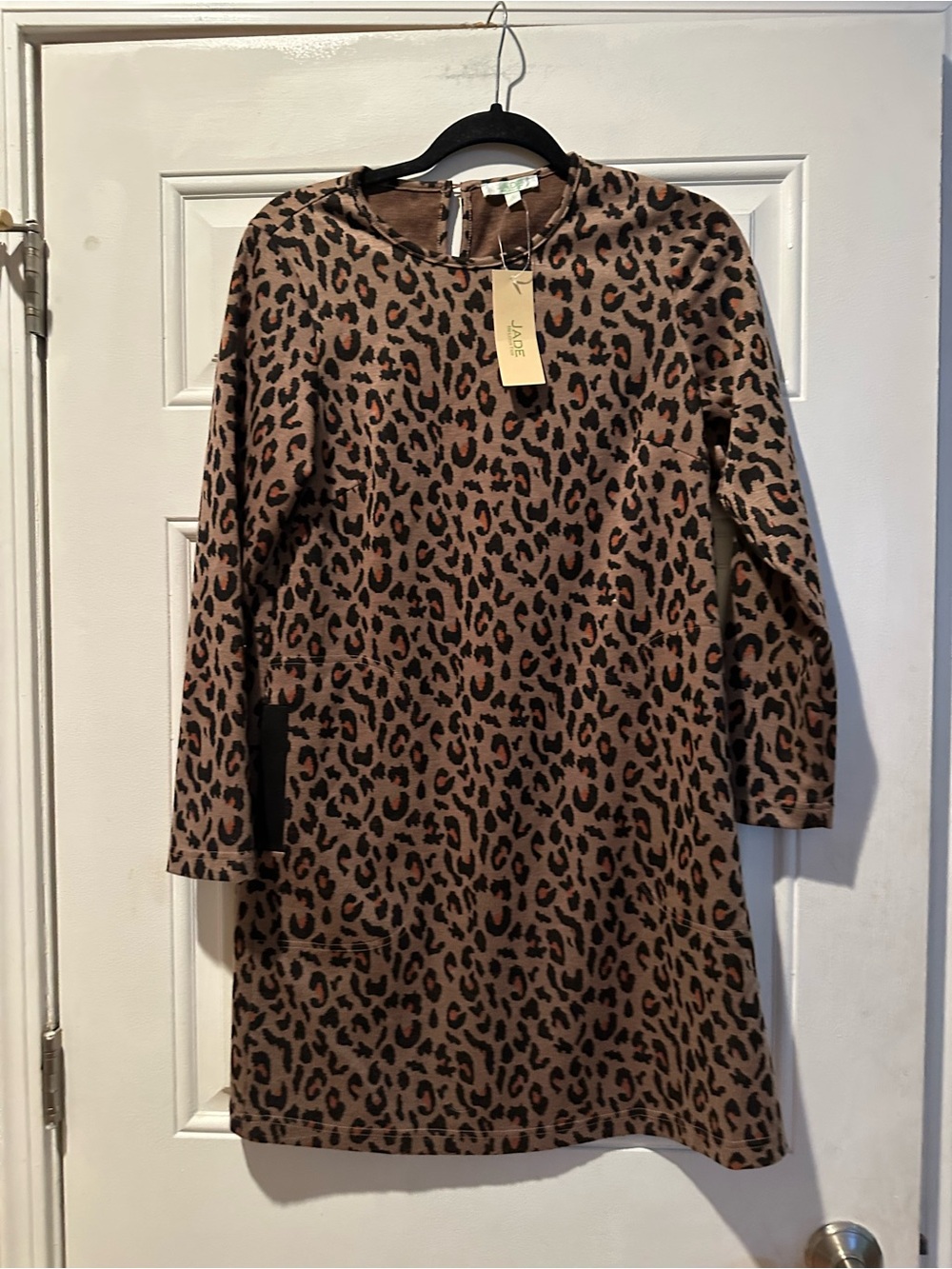 Jade Brown and Black Leopard Print Long Sleeve Shift Dress-Super cute!